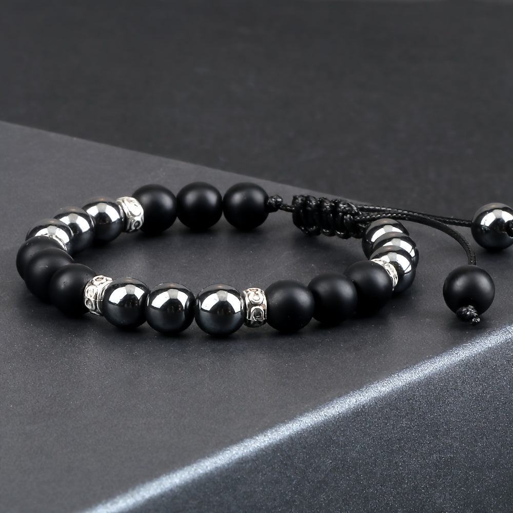 One Piece of an 8Mm Smooth Round Black Natural Stone Bracelet, Intricately Woven with Buddhist Scriptures, Designed for Blessings, Featuring Black Stone Jewelry.