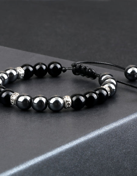 One Piece of an 8Mm Smooth Round Black Natural Stone Bracelet, Intricately Woven with Buddhist Scriptures, Designed for Blessings, Featuring Black Stone Jewelry.
