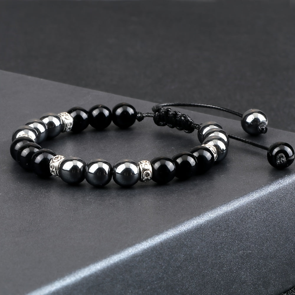 One Piece of an 8Mm Smooth Round Black Natural Stone Bracelet, Intricately Woven with Buddhist Scriptures, Designed for Blessings, Featuring Black Stone Jewelry.