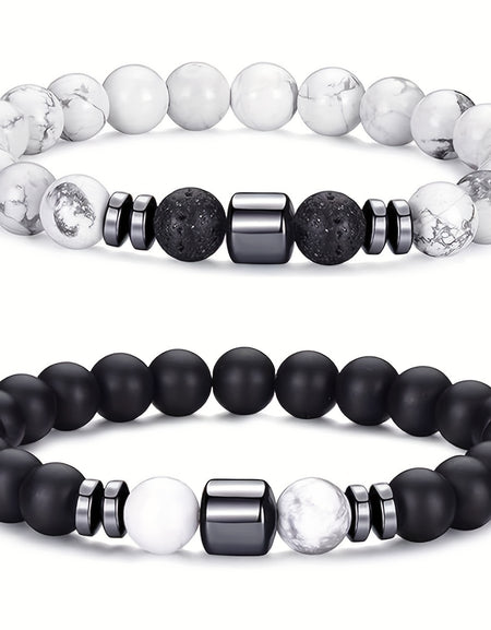 4pcs Men's Beaded Bracelet, Neutral Tiger Eye White Turquoise Spacer Handmade Beaded Elastic Bracelet, Daily Wear and Gift for Men and Women Couples