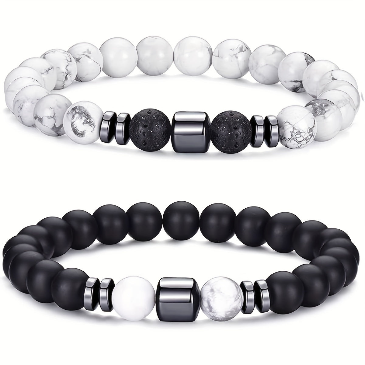 4pcs Men's Beaded Bracelet, Neutral Tiger Eye White Turquoise Spacer Handmade Beaded Elastic Bracelet, Daily Wear and Gift for Men and Women Couples