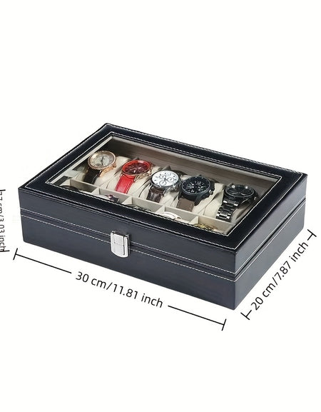 12-Slot Faux Leather Watch Storage Box with Transparent Display Lid - Dustproof & Anti-Oxidation, Interior, Black Exterior, Ideal for Watches, Jewelry Organizer, Perfect Gift for Watch Enthusiasts
