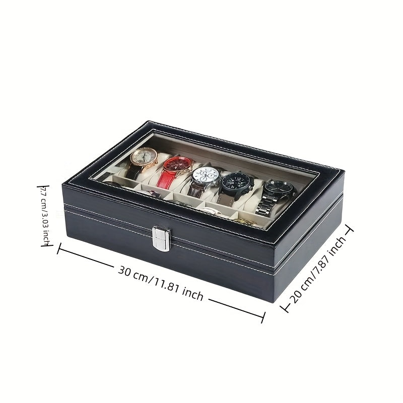 12-Slot Faux Leather Watch Storage Box with Transparent Display Lid - Dustproof & Anti-Oxidation, Interior, Black Exterior, Ideal for Watches, Jewelry Organizer, Perfect Gift for Watch Enthusiasts