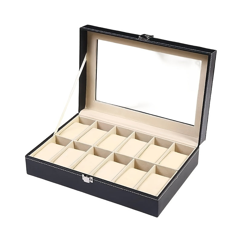 12-Slot Faux Leather Watch Storage Box with Transparent Display Lid - Dustproof & Anti-Oxidation, Interior, Black Exterior, Ideal for Watches, Jewelry Organizer, Perfect Gift for Watch Enthusiasts