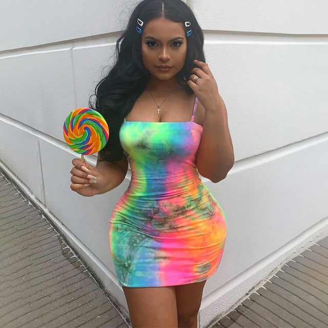 New Women Female Sling Sleeveless Print Bodycon Short Mini Dress